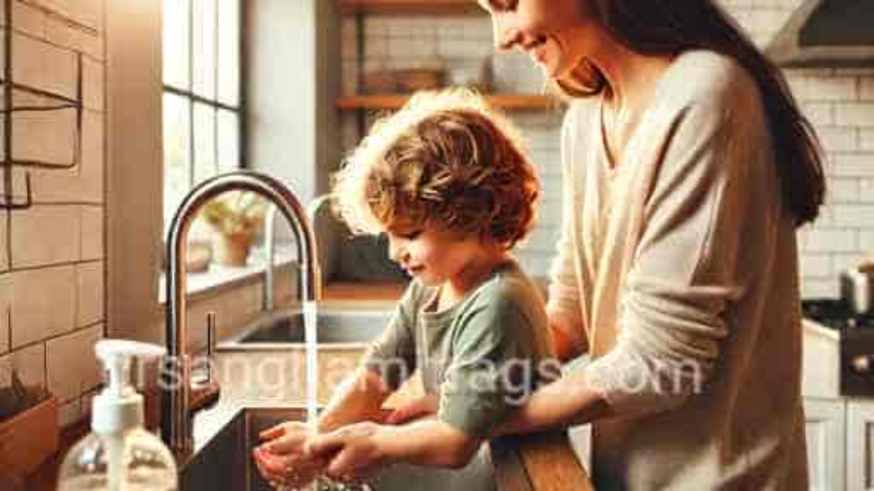 A mother helping her child wash hands at a modern kitchen sink with soap and water, promoting hygiene to prevent infections in children.