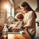 A mother helping her child wash hands at a modern kitchen sink with soap and water, promoting hygiene to prevent infections in children.