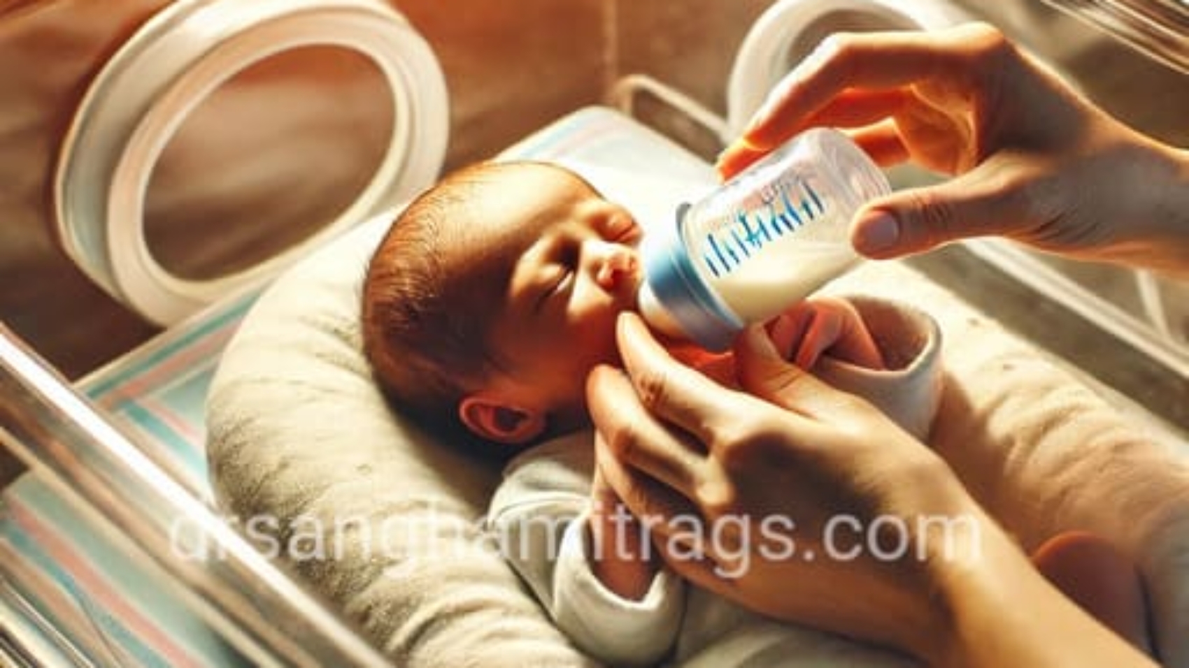 A caregiver feeding a premature baby with a small bottle in a neonatal crib under gentle lighting.