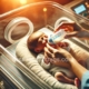 A caregiver feeding a premature baby with a small bottle in a neonatal crib under gentle lighting.