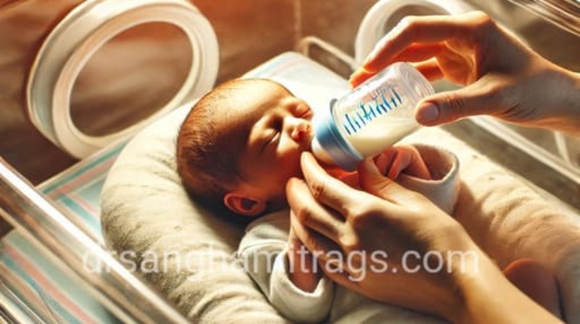 A caregiver feeding a premature baby with a small bottle in a neonatal crib under gentle lighting.