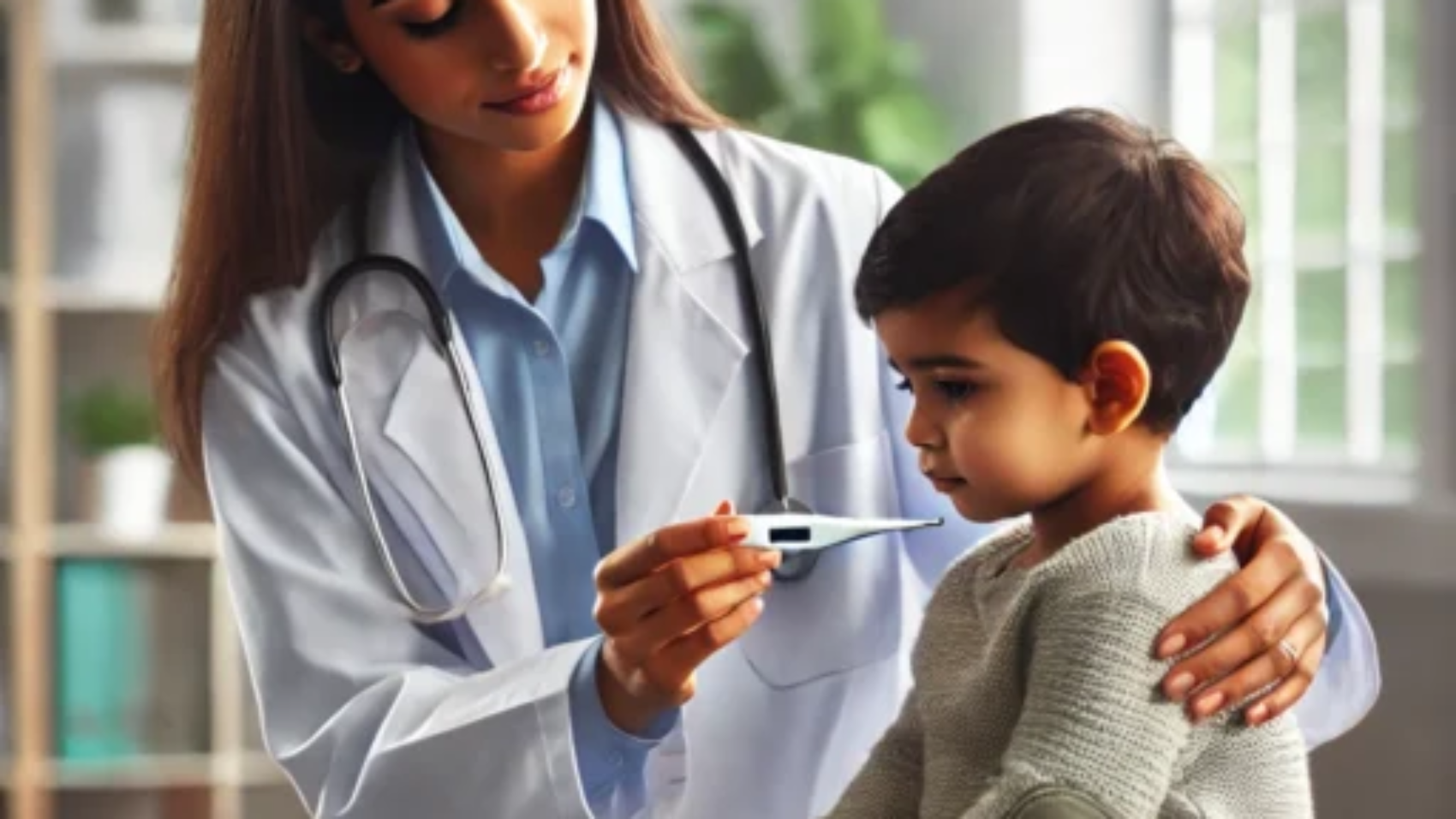 Pediatrician checking the temperature of a young child in a clinic setting.