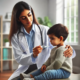 Pediatrician checking the temperature of a young child in a clinic setting.