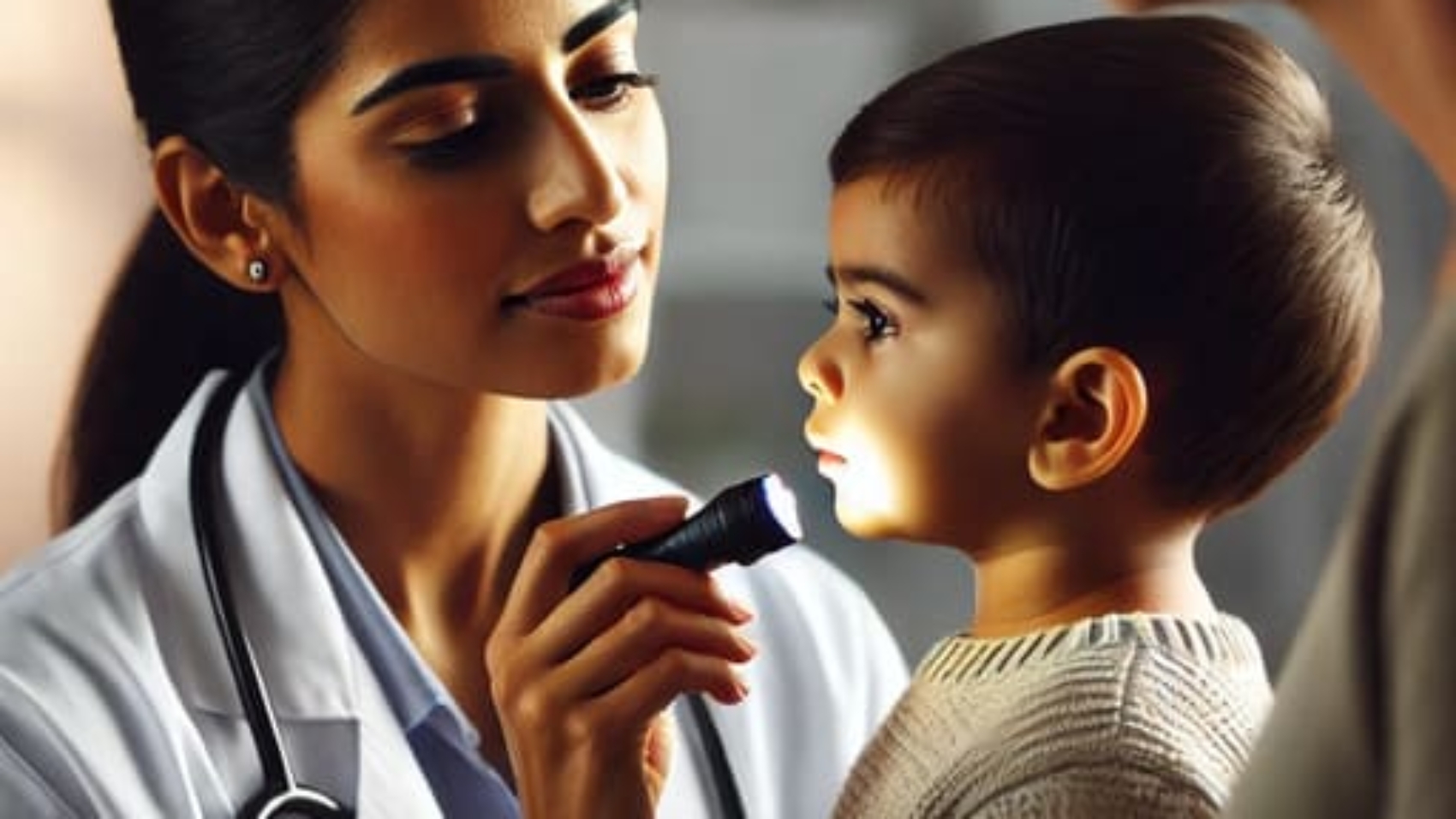 Pediatrician examining a young child’s throat for signs of strep throat.