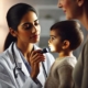 Pediatrician examining a young child’s throat for signs of strep throat.