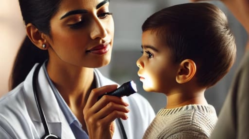 Pediatrician examining a young child’s throat for signs of strep throat.