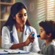 Pediatrician discussing asthma care with a young child and parent.