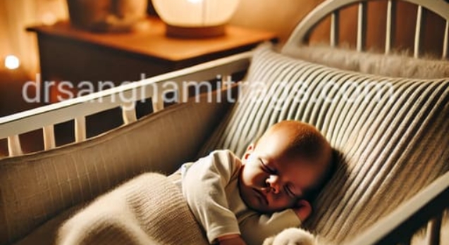 A newborn peacefully sleeping in a cozy crib with soft lighting, representing restful sleep and newborn sleep patterns.