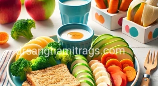 A colorful plate with fruits, vegetables, and grains designed for a toddler’s balanced diet.