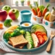 A colorful plate with fruits, vegetables, and grains designed for a toddler’s balanced diet.