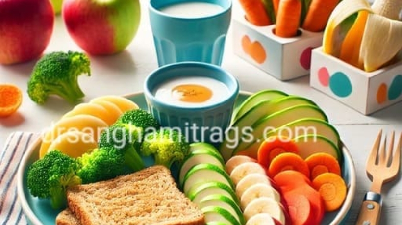 A colorful plate with fruits, vegetables, and grains designed for a toddler’s balanced diet.