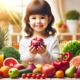 A happy and healthy child holding a red apple, surrounded by fresh fruits and vegetables. Learn how to boost your child’s immunity naturally with a nutrient-rich diet.