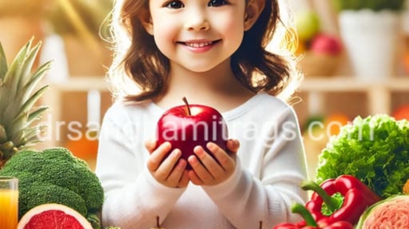 A happy and healthy child holding a red apple, surrounded by fresh fruits and vegetables. Learn how to boost your child’s immunity naturally with a nutrient-rich diet.