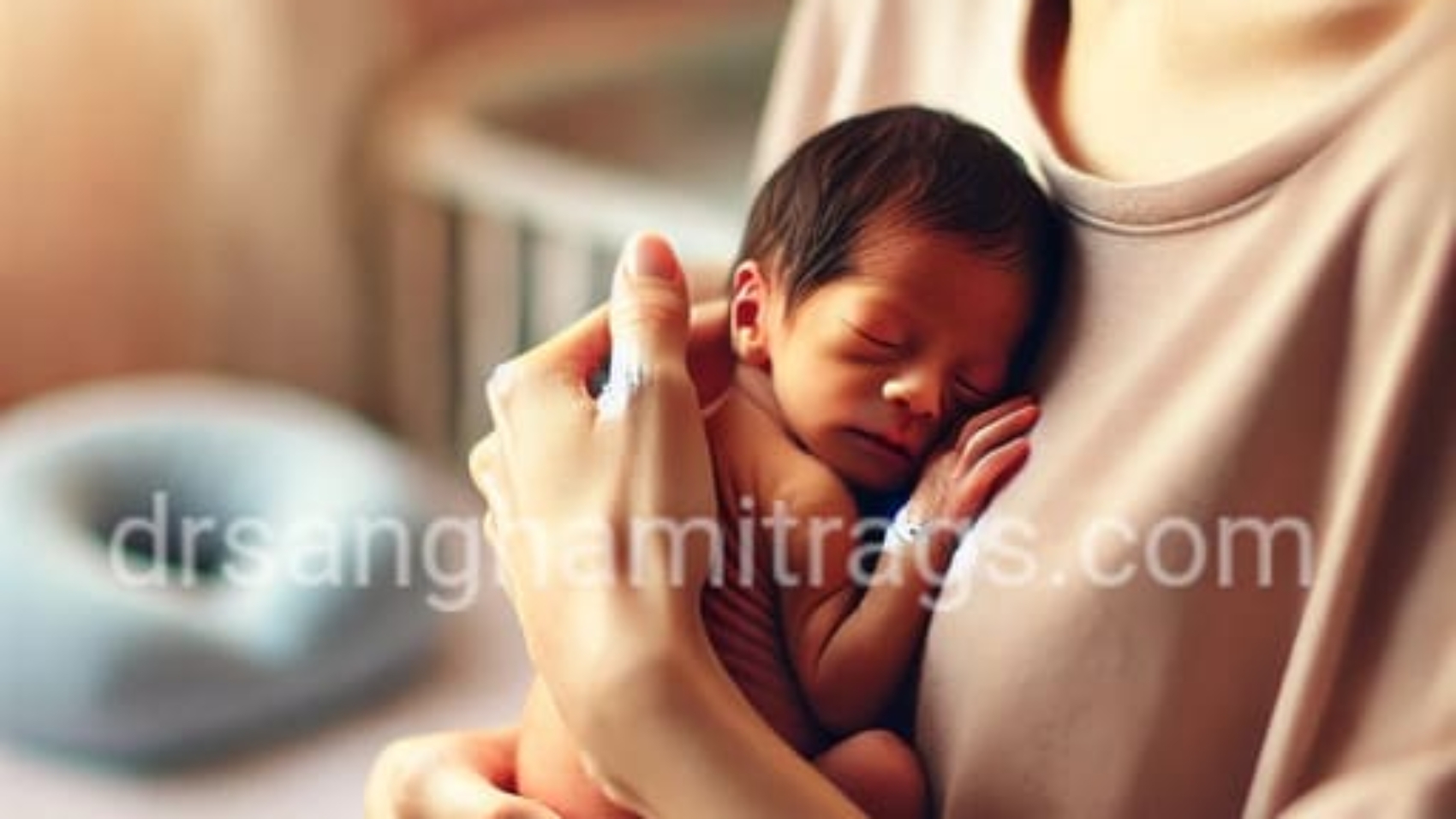 A mother gently holding her preterm baby skin-to-skin (kangaroo care) in a softly lit, warm environment. The baby is wrapped in a soft blanket, resting peacefully against the mother’s chest, symbolizing love and care for preterm babies at home.