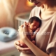 A mother gently holding her preterm baby skin-to-skin (kangaroo care) in a softly lit, warm environment. The baby is wrapped in a soft blanket, resting peacefully against the mother’s chest, symbolizing love and care for preterm babies at home.