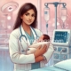 High-risk pregnancy care: Neonatologist holding a premature baby in the NICU.
