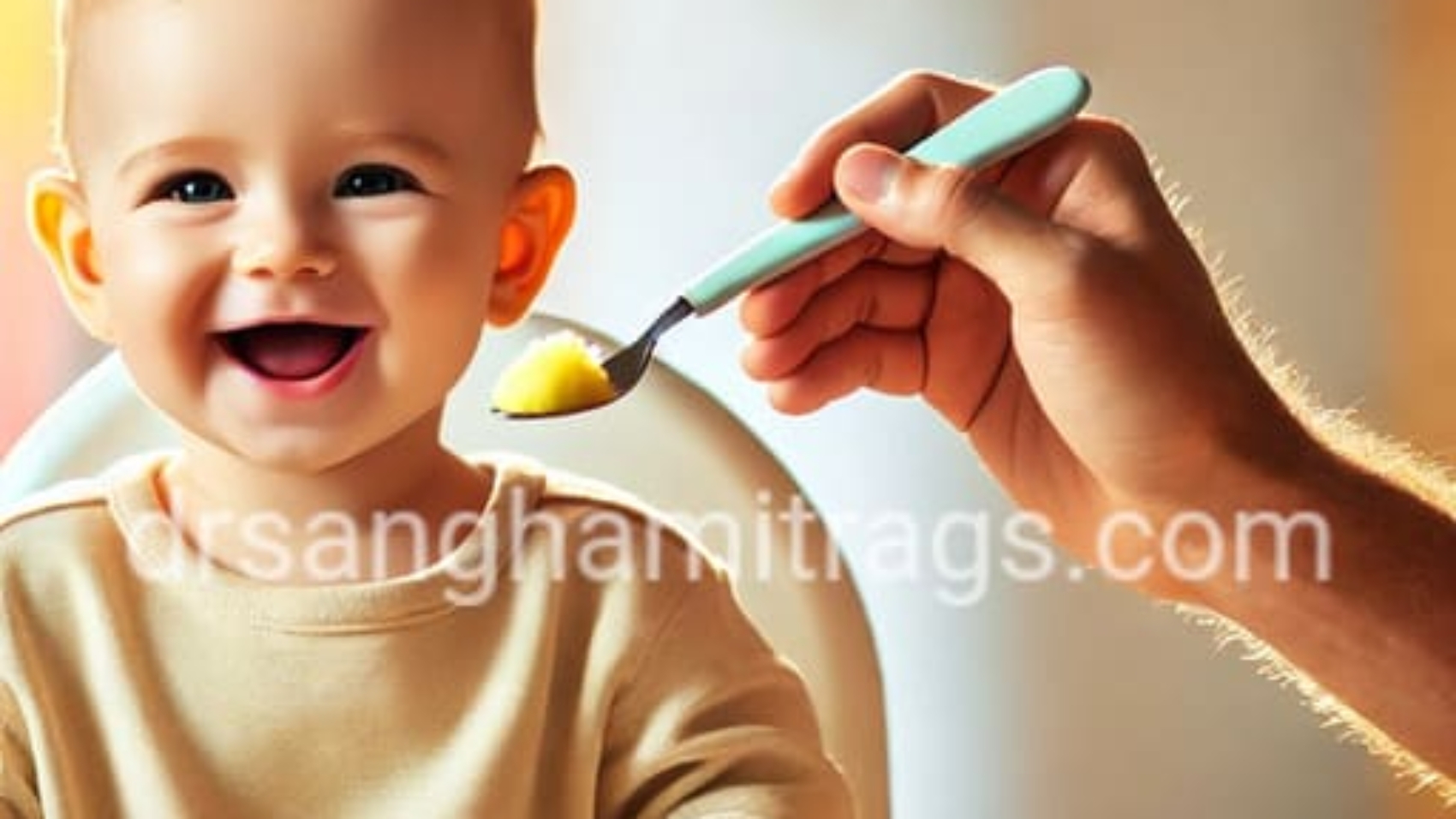 A happy baby sitting in a high chair, eagerly taking their first spoonful of mashed banana while being fed by a smiling parent. Perfect moment for introducing solid foods to babies.
