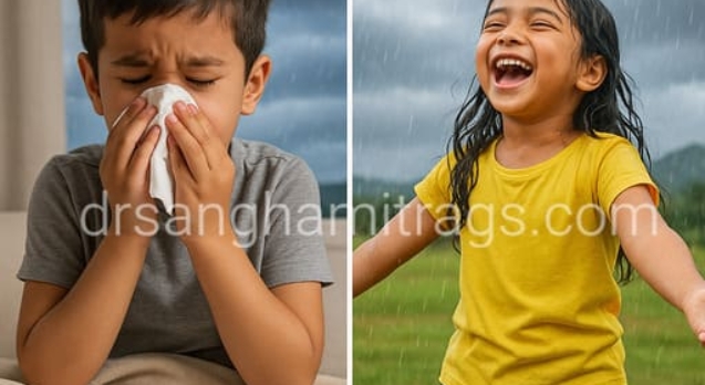 Split image showing sick child with respiratory infection during monsoon versus healthy child playing safely, illustrating prevention of monsoon respiratory infections in children