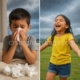 Split image showing sick child with respiratory infection during monsoon versus healthy child playing safely, illustrating prevention of monsoon respiratory infections in children