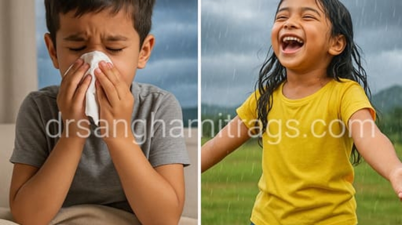 Split image showing sick child with respiratory infection during monsoon versus healthy child playing safely, illustrating prevention of monsoon respiratory infections in children