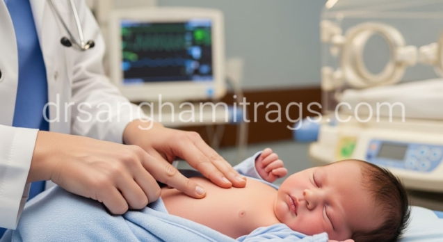 Pediatrician examining newborn for jaundice in newborns at Balya Hospital Vijayawada