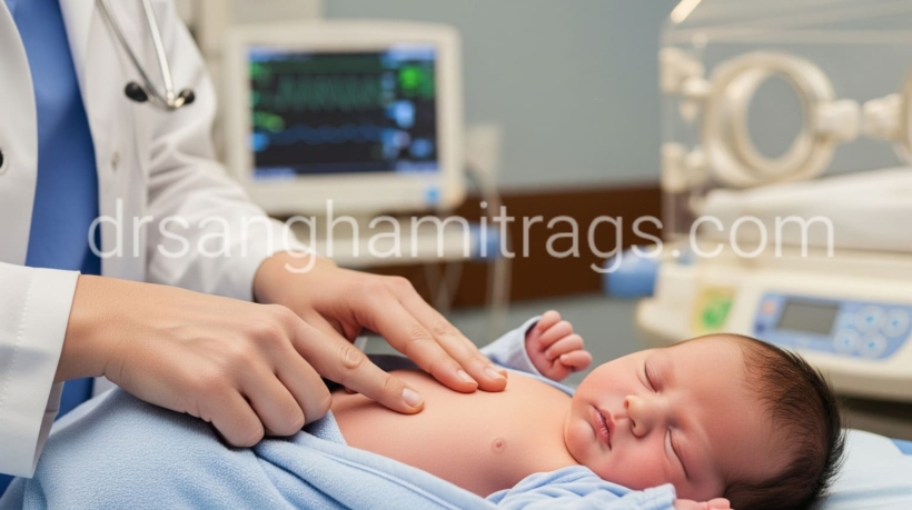 Pediatrician examining newborn for jaundice in newborns at Balya Hospital Vijayawada